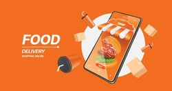 The burger is in the smartphone shop screen and there are food boxes and soda cans floating around and all on an orange background,vector 3d isolated for food delivery concept dessign