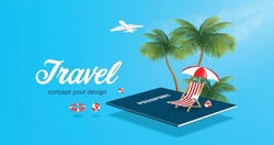 Beach chairs and umbrellas spread out. and all are placed on  passport and behind them were two coconut trees and the soft sunlight shining down,vector 3d for summer travel advertising design