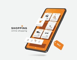 Template or Mockup as for product placement on smartphone online shopping application, many products are displayed on smartphone screen and sale tag label hangs below,vector 3d isolated  for design