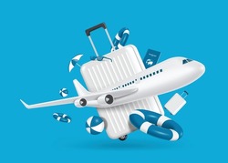 Luggage ,inflatable ball ,lifebuoy, passport book ,umbrella ,goggles They were all floating in air and there is plane take off in front ,vector 3d isolated on blue background for travel summer season