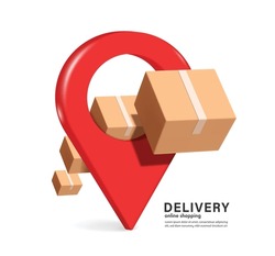 Parcel box or cardboard box floats in the air on the front and back of the red customer delivery placement pin, vector 3d isolated for ecommerce, logistics, delivery, online shopping concept design