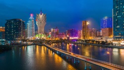 Macau cityscape at night, all hotel and casino are colorful lighten up with night sky, Macau, China.