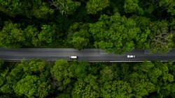 Forest narrow street road, Adventure road through the green forest nature, Aerial top view forest, Texture of forest view from above, Ecosystem and healthy environment concepts and background.