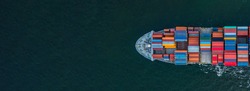 Container ship carrying container for import and export, business logistic and transportation by container ship in open sea, Aerial view container cargo ship with copy space for design banner web