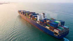 Aerial view container ship, Global business import export logistic transportation of international by container cargo ship in the open sea, Marine cargo vessel company freight shipping.