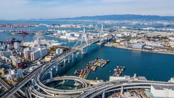 Aerial view port of Osaka City, large port city and commercial center on the Japanese island of Honshu, Osaka, Japan.