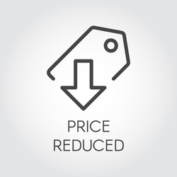 Price reduced linear icon. Price-tag with down arrow logo for stores, shopping, booking sites and mobile apps. Promotion and advertising contour graphic pictograph. Vector illustration