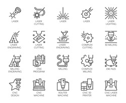Set of 20 line icons in series of laser cutting. Computer numerical controlled printer, 3D milling machine and other thematic symbols. Stroke mono contour pictograms isolated. Vector outline labels