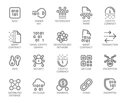 Premium Icons Pack on Blockchain System, Crypto Technology . Such Line Signs as Cryptographic, Decentralised Database . Custom Vector Icons Set for Web and App in Outline Style. Editable Stroke.