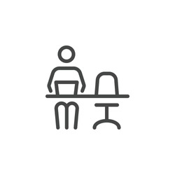 Remote Work. Line Symbol Worker Man at the Desk Designer-Freelancer. Icon in Outline Style From the Set Icons of Coworking and Workplace or Workspace. Custom Vector Pictogram Editable Stroke.