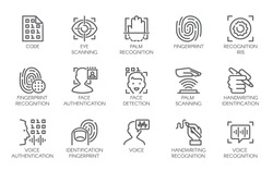 Line icons of identity biometric verification sign. 15 web label of authentication technology in mobile phones, smartphones and other devices. Vector logo or button isolated on white background