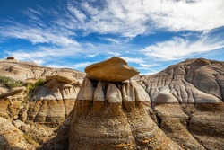Badlands Alberta Canada, Panoramic view, showing erosion layers on the earth, summertime