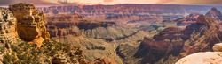 Amazing pano view of the Grand Canyon from the south rim.  The convoluted gorge formed over millions of years by the Colorado River (visiable in this image), erosion, and gravity.  Incredible vista! 