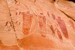 Pictographs found on the Great Wall in Horseshoe Canyon, Utah.  Some of the most significant rock art in North America. Ghost figures, warriors, flute player, and more.