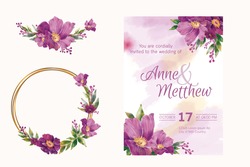 Hand drawn watercolor bouquet. Design with gold circle frame and invitation card, vector.