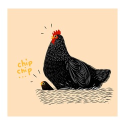 Sketch,drawing chicken Black and white icon character vector illustration. Rooster,hen engraving and line arts isolated on yellow pale background.