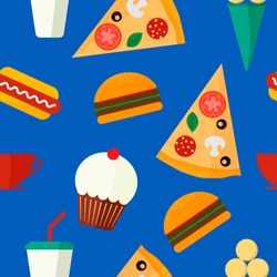 Seamless background vector pattern with fast food: burger, muffin, hot dog, pizza, ice cream and drink on blue background. Vector illustration. Flat design.