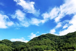 Summer blue sky and lush mountains. This is a common sight when visiting satoyama in Japan. Satoyama is woodland near a village.