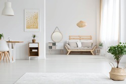 View of stylish white apartment design in lagom style