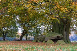 Pair of dolmen with beeches in autumn setting - Hondsrug, Drenthe, The Netherlands.