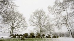 Hunebed or dolmen D16 near the village of Balloo in snowy winter, Drenthe, The Netherlands.