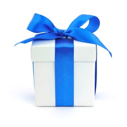 White gift box with a blue bow on white background