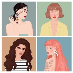 Set of portraits of women of different gender and age. Diversity.  flat illustration. Avatar for a social network. 