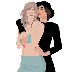Female hug. Women embracing each other, expressing love, affection, support. Vector illustration for friendship, strong relations, support concept