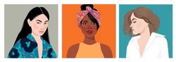 Set of portraits of women of different gender and age. Diversity. Vector flat illustration. Avatar for a social network. Vector flat illustration