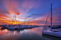 Yachts parking in the Adriatic harbour in croatia in sunset 