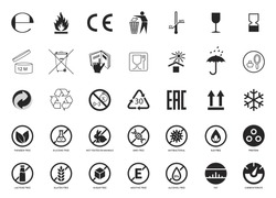 Set of Packaging Symbols. Handbook general symbols. Gluten, Lactose, GMO, Paraben, Silicone , SLS, Sugar free, Food additive, Not Tested on Animals, Antibacterial, Protein, Fat Carbohydrate icons.