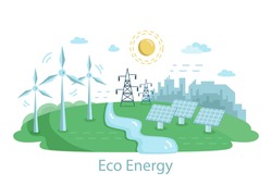 Renewable Power Sources with Windmills.. Alternative Clean Energy Concept with Wind Turbines and Solar Panels. Vector flat illustration