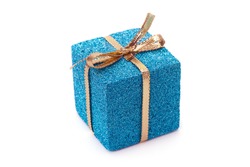 Blue gift box with gold ribbon and bow