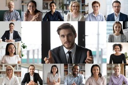 Headshot screen application view of smiling multiracial employees talk speak on video call brainstorm together, multiethnic coworkers engaged in team discussion online using Web conference