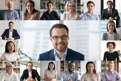 Headshot screen application view of diverse multiracial employees have work web conference using modern platform, smiling multiethnic colleagues talk speak online brainstorm on video call