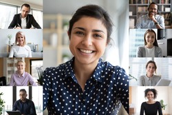 Smiling young indian female employee talk speak on video call with diverse colleagues, multiracial coworkers employees have webcam conference using modern app, engaged in web online briefing