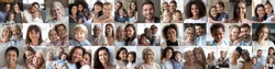 Collage mosaic of many happy multiracial people couples and families, old young generation adults and kids of diverse ethnicity faces headshots closeup portraits. Horizontal banner for website design.