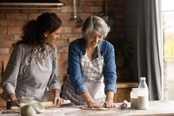 Happy mature grey haired woman with grownup daughter wearing aprons cooking handmade pastry, rolling dough, chatting, having fun, standing in kitchen at home, family spending leisure time together
