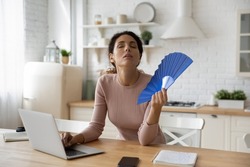 Tired millennial woman work on laptop at home office wave with hand fan suffer from heatstroke indoors. Unwell exhausted young female use waver breathe fresh air, lack ventilation conditioner.