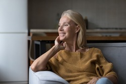 Smiling attractive middle-age single woman daydreaming staring out window resting alone seated on sofa in studio apartment. Homeowner portrait, rented flat and tenancy, carefree retired life concept
