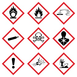 Hazard icon. Hazardous symbols. Ghs Warning signs. Vector danger hazardous sign. Klasyfikacji i Oznakowania Chemikaliów. Kennzeichen Set Sammlung Symbole Piktogramme.