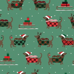 Christmas seamless pattern with sledges, duchshunds and snowflakes. Vector illustration.