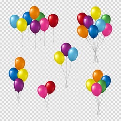Bunches and groups of colorful helium balloons isolated on transparent background.