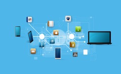 Vector illustration use of cloud computing storage and applications on a mobile device with a set of flat icons