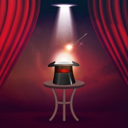 Magic Show poster design template. Magic show flyer design with hat and curtains. Magical illusion fiction in theater