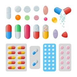 Set of vector pills and capsules. Icons of medicament. Tablets in blisters: painkillers, antibiotics, vitamins and aspirin. Pharmacy and drug symbols. Medical illustration on white background.
