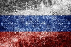Russian Federation flag. Flag of Russia. Grunge industrial war background. Dirty flag texture. White, blue and red color country symbol.