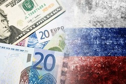 Cost of war background. Euro and dollar currency bill. Russian Federation flag. Flag of Russia. Grunge industrial war background. Dirty flag texture. Russian economy background.