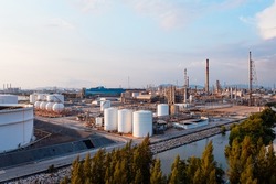 Oil refinery or petroleum refinery in the industrial factory of heavy industry zone, oil production plant, industrial process plant, oil storage tank and pipeline steel and tower column 