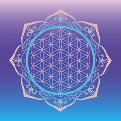 Yoga studio logo, Flower of Life framed with round mandala, sacred geometry symbols and elements for alchemy, spirituality, religion, philosophy, astrology logo.